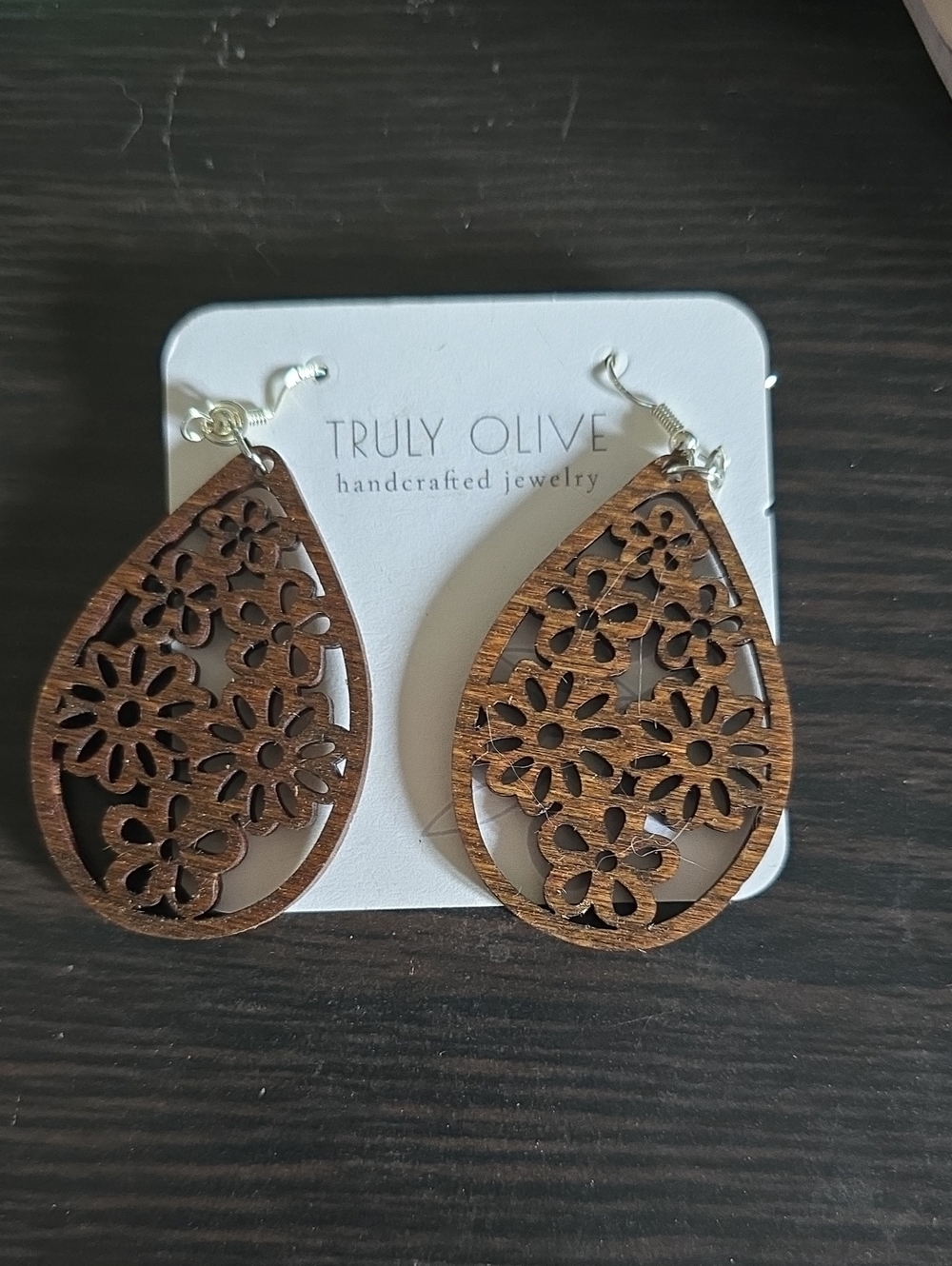 Brown Floral Teardrop Wood Earrings